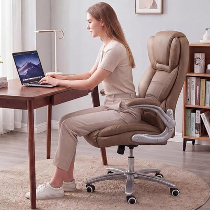 GYI Big and Tall 400lb Office Chair, Leather Executive Desk Chair, Brown | 24"Wide Seat, High Back, Space-Saving Flip-up Arms, Lumbar Support, Heavy Duty Base, Home, Conference Room