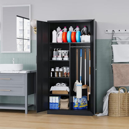 72" H Metal Garage Storage Cabinets, Lockable Broom Closet Cabinet with Hanging Rod & Doors, 5-Tier Steel Utility Cabinets for Garage, Laundry Room, Warehouse Storage, Black