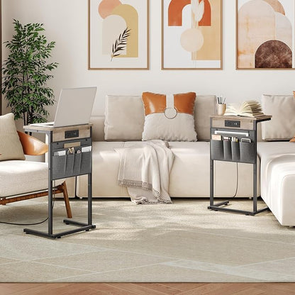 HOOBRO C Shaped End Table with Charging Station, 28" H Couch Side Table Slide Under, Sofa Arm Tray Table with Storage Bag for Living Room, Recliner, Greige BG70USF01