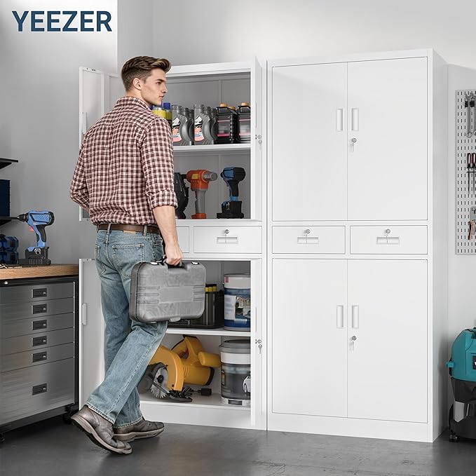 71" H Tall Metal Storage Cabinet with 2 Drawers, Metal Garage Storage Cabinet with Lock and 2 Adjustable Shelves for Home, Office, Garage, Warehouse Organize, White