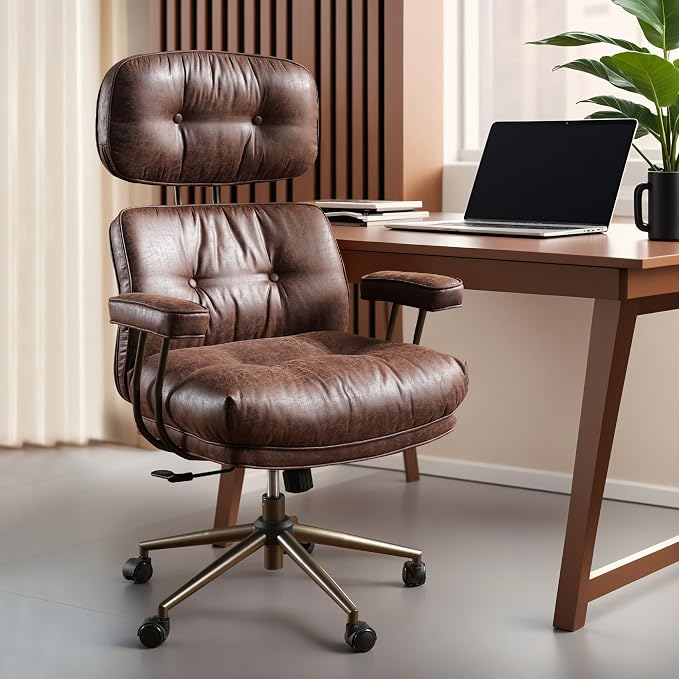 ovios Ergonomic Office Chair, High Back Faux Leather Executive Chairs with Thick Cushion, Comfy Mid-Century Modern Swivel Rolling Computer Armchair (Dark Brown, Suede Leather)