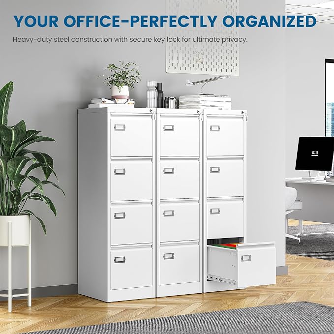 PEUKC 4-Drawer File Cabinet, 16.3" Deep Vertical Filing Cabinet with Lock, Metal File Cabinet for Home Office, Anti-Tip 4 Storage Drawers for Letter/Legal/A4/F4 Size (Assemble Required, White)