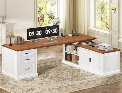 SEDETA Farmhouse L Shaped Desk with Drawers, 70.9" Home Office Desk with Storage Cabinet and Storage Shelves, L Shaped Computer Desk with Power Outlet，White+Brown