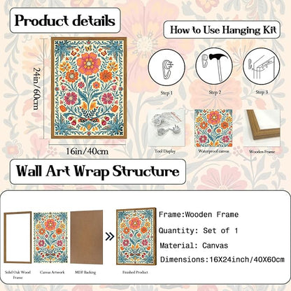 Framed Vintage Mexican Floral Canvas Wall Art, Colorful Folk Flower Wall Decor Pictures, Boho Botanical Painting Prints Rustic Home Decor for Living Room Bedroom 16x24 inch