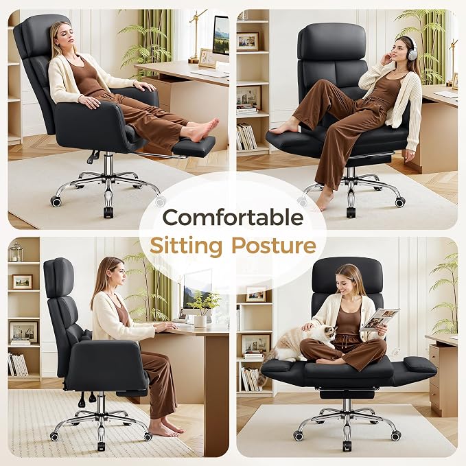 Big and Tall Office Chair 500LBS, Ergonomic High Back Leather Executive Chair, Reclining Swivel with Adjustable Armrests Lumbar Support Footrest, Cross Legged, Black
