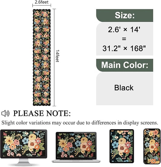 DUKINO 2.6x14 Runner Rug for Hallway, Non Slip Floral Washable Kitchen Rug with Low Pile Design, Boho Stain Resistant Floor Carpet Runner for Entryway, Bathroom, Laundry, Bedroom, Black