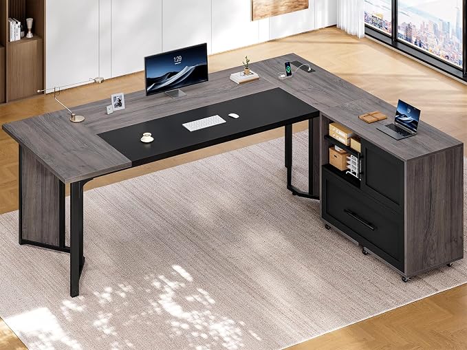 UPOSOJA 63" Executive Desk with Mobile File Cabinet, Large Office Desk with Drawer, Modern L Shaped Desk with Power Outlets, Storage Shelves, Corner Computer Desk Business Workstation Set (Grey)