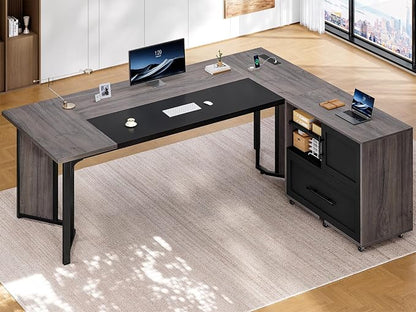 UPOSOJA 63" Executive Desk with Mobile File Cabinet, Large Office Desk with Drawer, Modern L Shaped Desk with Power Outlets, Storage Shelves, Corner Computer Desk Business Workstation Set (Grey)