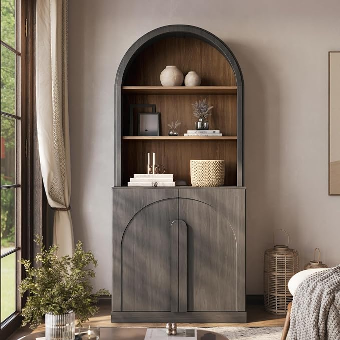 BELLEZE 71" Tall Storage Cabinet with Arched Hutch, Wooden Sideboard Buffet Cabinet with Adjustable Shelves for Pantry Organizing, 5-Tier Modern Storage Unit for Living Room Home Office, Ebony