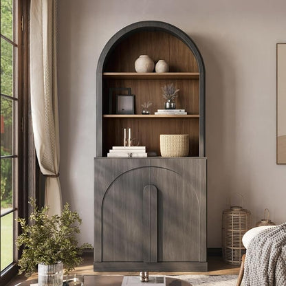 BELLEZE 71" Tall Storage Cabinet with Arched Hutch, Wooden Sideboard Buffet Cabinet with Adjustable Shelves for Pantry Organizing, 5-Tier Modern Storage Unit for Living Room Home Office, Ebony