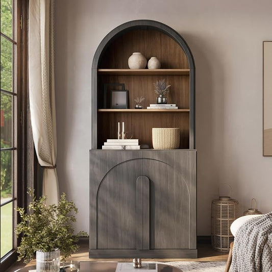 BELLEZE 71" Tall Storage Cabinet with Arched Hutch, Wooden Sideboard Buffet Cabinet with Adjustable Shelves for Pantry Organizing, 5-Tier Modern Storage Unit for Living Room Home Office, Ebony