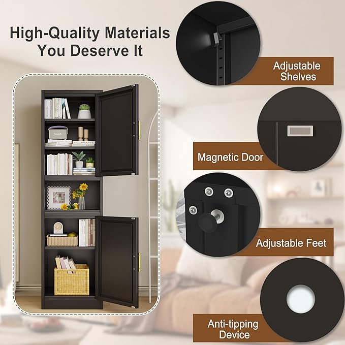 pozdeg 67" Tall Narrow Storage Cabinet Metal Bathroom Cabinet with 2 Doors & 4 Adjustable Shelves, Standing Pantry Cabinets Cupboard for Kitchen, Dining Room, Living Room and Bathroom (Black)