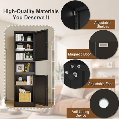 pozdeg 67" Tall Narrow Storage Cabinet Metal Bathroom Cabinet with 2 Doors & 4 Adjustable Shelves, Standing Pantry Cabinets Cupboard for Kitchen, Dining Room, Living Room and Bathroom (Black)