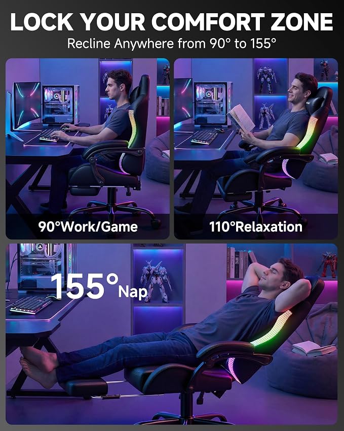 GTPLAYER RGB Gaming Chair with Footrest, Computer Gaming Chair with LED Lights for Adults, Height Adjustable PC Gamer Chair with 90-155° Recline & Removable Headrest Lumbar Support, RGB Black