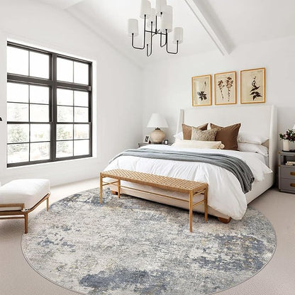 UERMEI 10ft Round Area Rug Living Room Rugs - 10x10 Washable Large Neutral Modern Abstract Soft Thin Rug Indoor Floor No Slip Rug Carpet for Bedroom Under Dining Table Home Office Decor - Blue Grey