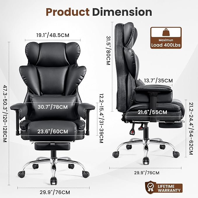 BESTFAIR Big and Tall Office Chair - Heavy Duty 400 LBS Executive Chair with Foot Rest, High Back Ergonomic Desk Chair, Padded Wide Seat Gaming Chair, Adjustable Armrests, Black 2 Pack