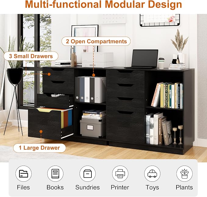 TQVAI 4 Drawer Filing Cabinet Organizer with 2 Open Shelves, Heavy Duty for Storing Letter A4 Size and Printer, Wood Lateral File Cabinets for Home Office, Hanging Files, Black, Easy Assembly
