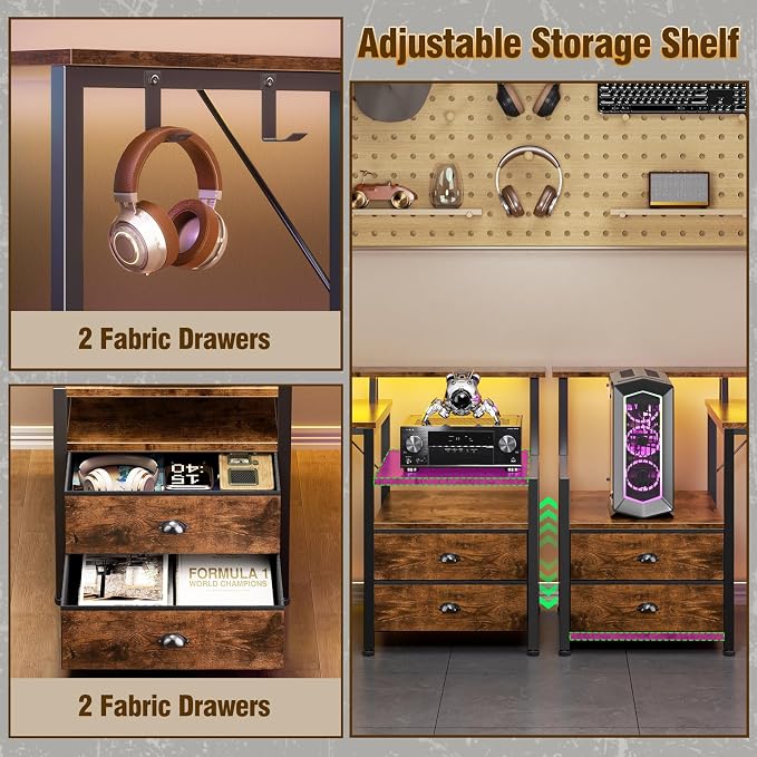 66'' L Shaped Desk with Power Outlets and USB-C Port, Reversible Office Desk with drawers and Storage Shelves, Computer desk with Led Lights and Host stand for Home Office, Gaming, Work, Rustic Brown
