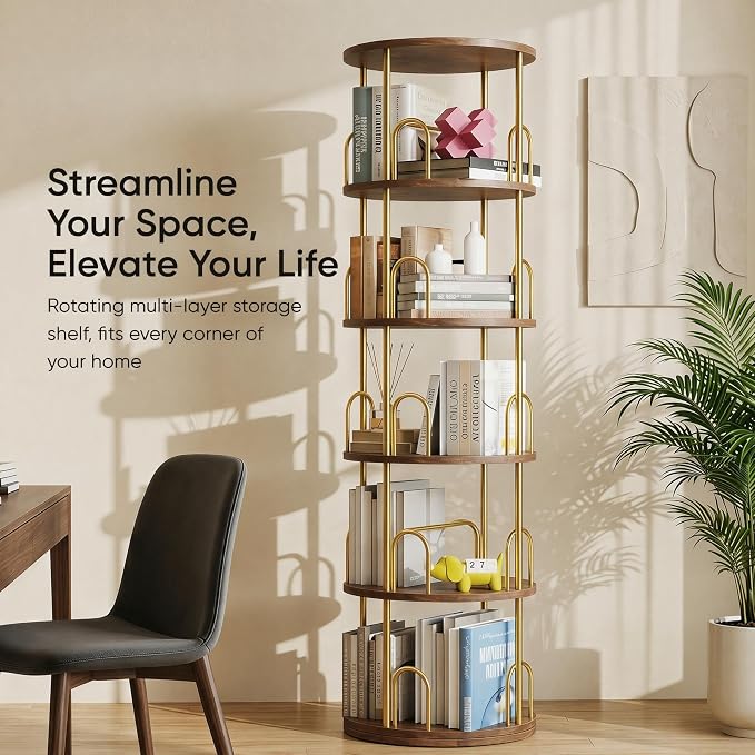 5-Tier Rotating Bookshelf, 360° Round Spinning Book Shelf Tower, Tall Skinny Wood & Metal Bookshelf for Corner/Office/Home, Modern Industrial Vintage Style