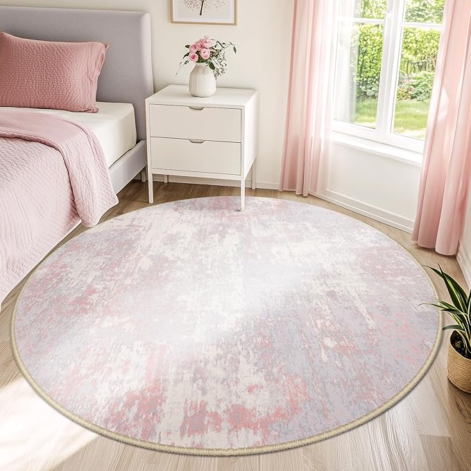 RELEANY Washable Area Rugs 6ft Non-Slip Modern Abstract Soft for Living Room Entryway Bedroom Kitchen, Print Pattern, Grey Pink