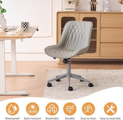 YOUNIKE Grey Faux Leather Ergonomic Office Chair Armless Comfy Desk Chair with Rocking Back Cute Swivel Vanity Chair with Wheels Height Adjustable Small Computer Task Chair for Sewing Drafting