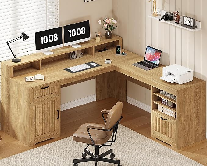 YOMILUVE 63" L Shaped Desk with Drawers, Farmhouse Corner Computer Desk with Power Outlets, Storage Cabinet, Home Office Executive Desk with Long Monitor Stand, Oak