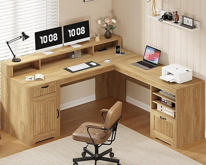 YOMILUVE 63" L Shaped Desk with Drawers, Farmhouse Corner Computer Desk with Power Outlets, Storage Cabinet, Home Office Executive Desk with Long Monitor Stand, Oak