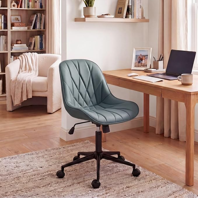 Rowill Modern Office Chair - Ergonomic Swivel Leather Desk Chair with Curved Backrest, Height Adjustable Rolling with Wheels, Perfect for Study Room & Office, Grayish Green