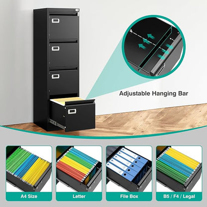 SISESOL 4 Drawer File Cabinet with Lock and Tag,Black Vertical File Cabinet,Narrow Locking Filing Cabinets with Drawers,Metal Filing Storage for Home Office Fit A4 Legal/Letter Size