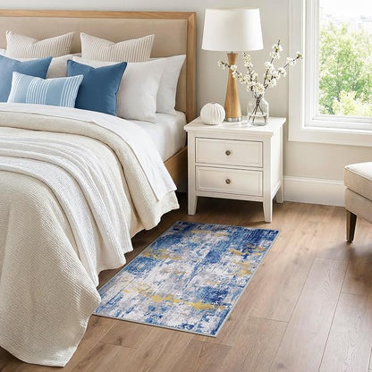 RELEANY Washable Area Rugs 3x4 Non-Slip Modern Abstract Soft for Living Room Entryway Bedroom Kitchen, Print Pattern, Grey Blue Gold/Golden