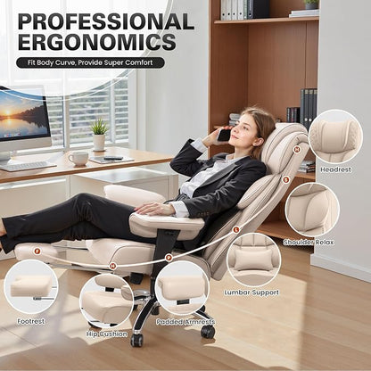 BestGlory Office Desk Chair, Big and Tall Leather Gaming Chair with Footrest, Wide Ergonomic Comfy Executive High-Back Reclining Computer Chairs, Swivel Rolling Wheels and Padded Lumbar Support, Beige
