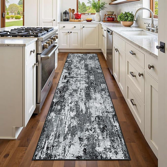 RELEANY Washable Area Rugs 2'x10' Non-Slip Modern Abstract Soft for Living Room Entryway Bedroom Kitchen, Print Pattern, Black Navy Blue Gray