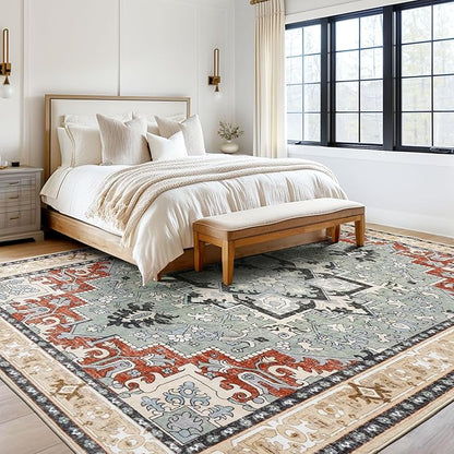 Lofus 5x7 Area Rugs for Living Room and Bedroom, Machine Washable Rug for Kitchen Office, Non Slip Low Pile Carpet, Vintage Boho Soft Carpets, Beige Orange