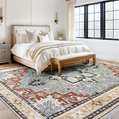 8x10 Area Rugs, Large Area Rug for Living Room, Floral Washable Area Rug for Bedroom, Office, Dining Room, Non-Slip Vintage Boho Rug, Low-Pile Soft Carpet, Traditional Oriental Style, Beige Orange