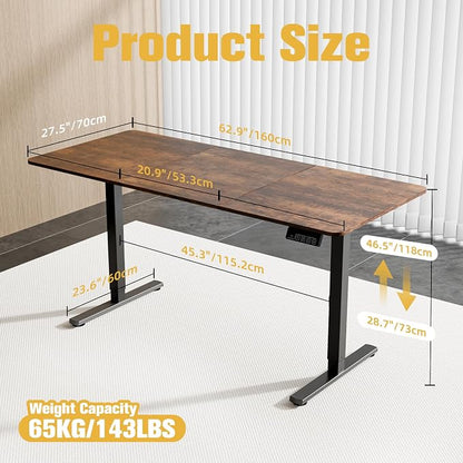 ERGOMAKER 63" Electric Standing Desk, Adjustable Height, Sit Stand Up Desk for Home Office & Computer Workstations, Memory Controller, Rustic Brown
