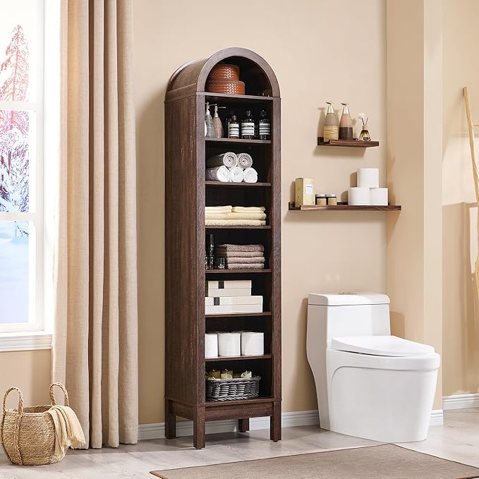 IFGET 71" Tall Arched Bookshelf, 8 Tiers Arch Bookcase with Storage, Modern Farmhouse Book Shelf with Adjustable Shelves, Wood Bookshelf w/Open Display Shelves for Living Room, Office (Brown)