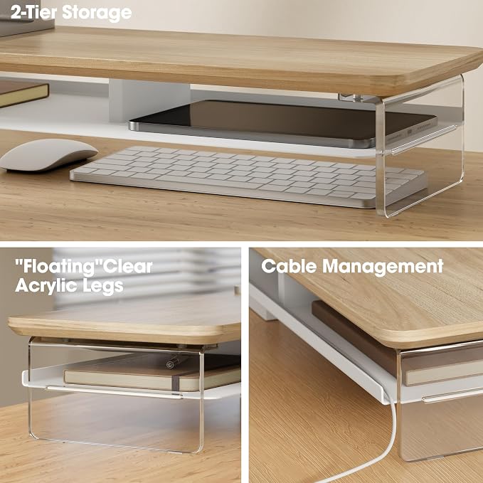 Fenge Acrylic Monitor Stand Riser, 42.5 Inches Dual Monitor Stand with Metal Storage, 2 Tier Acrylic Computer Riser for Desk, Clear Laptop Stand for PC, Laptop, Printer, TV, Oak