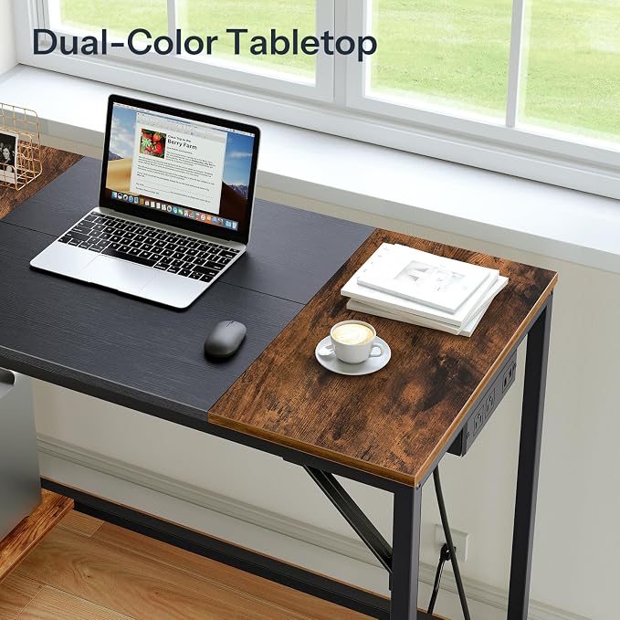 HOOBRO Small Computer Desk, Home Office Desk with Power Outlet, Writing Desk with 2 Shelves, Modern Small Desk for Home Office, Study, Easy to Assemble, Rustic Brown and Black BF43UDN01