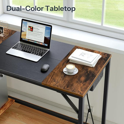 HOOBRO Small Computer Desk, Home Office Desk with Power Outlet, Writing Desk with 2 Shelves, Modern Small Desk for Home Office, Study, Easy to Assemble, Rustic Brown and Black BF43UDN01