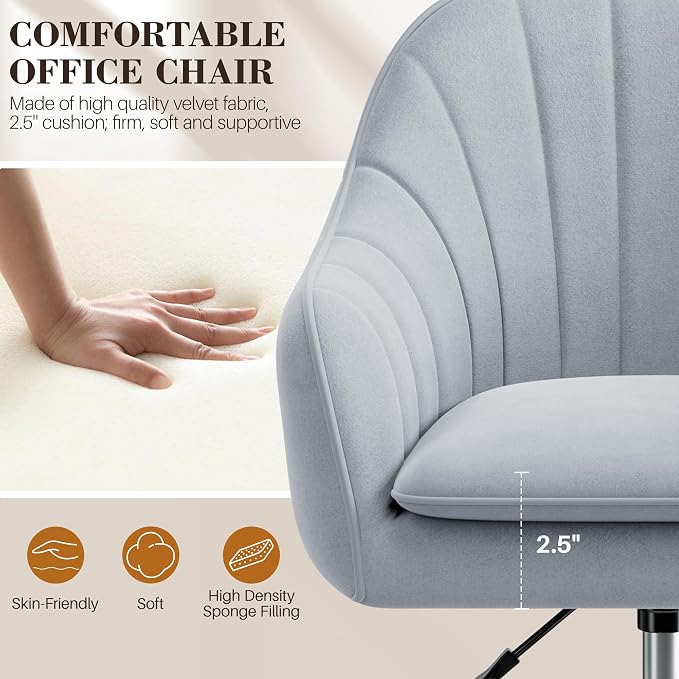 Vanity Chair with Wheels, Comfy Home Office Desk Chairs Adjustable Modern Velvet Makeup Vanity Chairs for Bedroom Living Room-Gray