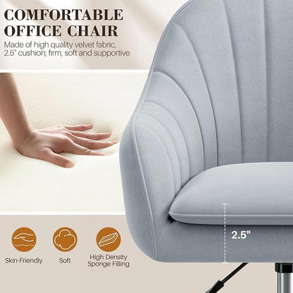 Vanity Chair with Wheels, Comfy Home Office Desk Chairs Adjustable Modern Velvet Makeup Vanity Chairs for Bedroom Living Room-Gray