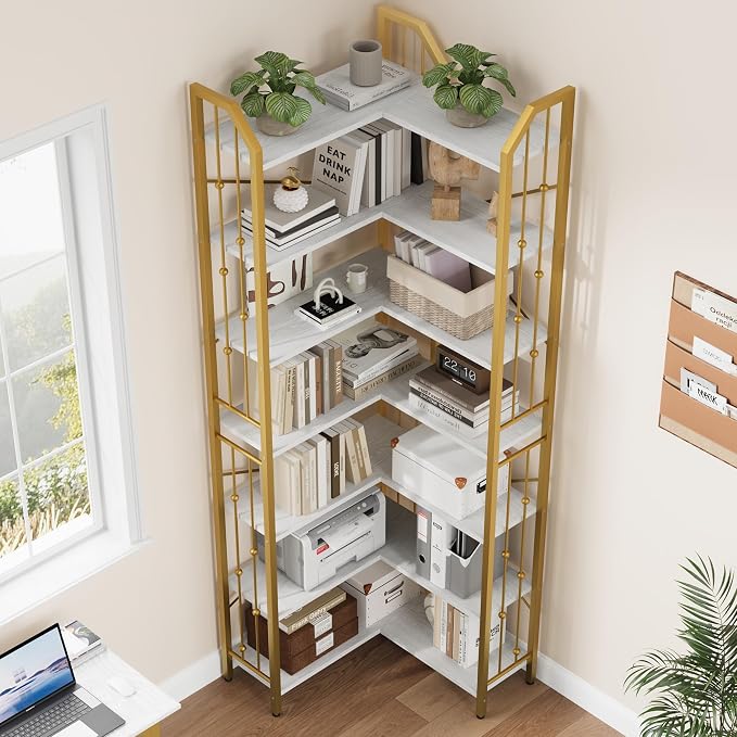 GarveeHome Corner Bookshelf 86" l Shaped Bookcase, Corner Bookshelves Industrial Bookcase 7 Tier l-Shape Bookshelf, Large Bookcases with Beaded Design Tall Display Rack Shelf for Living Room Bedroom