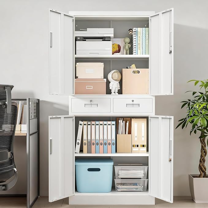 Wanfu Metal Storage Cabinet, Locking Storage Cabinet with Adjustable Shelves and 2 Drawers, 16" D x 32" W x 71" H Steel Cabinets for Office, Garage, Home, Classroom, Utility Room(White)
