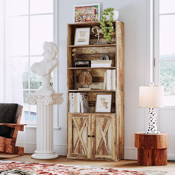 IRONCK Industrial Bookshelves and Bookcases with Doors Floor Standing 6 Shelf Display Storage Shelves 70 in Tall Bookcase for Home Office, Living Room