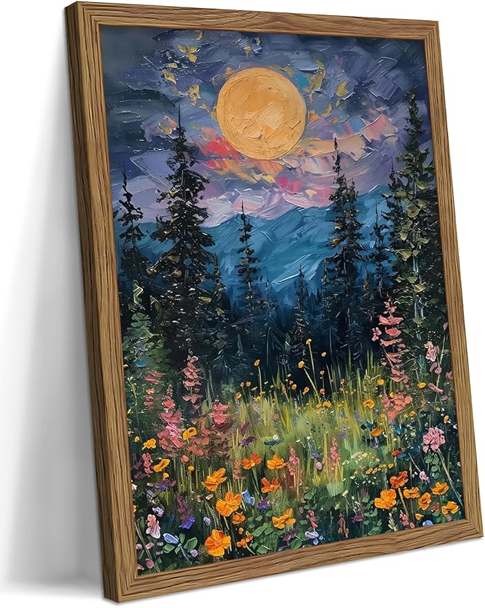 Framed Nature Forest Canvas Wall Art, Full Moon above Wildflowers and Woodland Painting, Midnight Floral Trees Art Print, Farmhouse Nature Wall Decor for Bedroom Living Room 8x10 inch