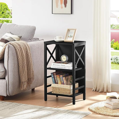 MNEETRUNG Small Bookshelf,3 Tier Industrial Bookcase with Metal Frame and Backboard,Low Black Book Shelf,Book case for Small Spaces,Living Room,Bedroom and Home Office