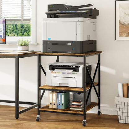 Warmiehomy 24"x24"x30" Large Printer Stand with Storage, 3 Tier Rolling Printer Cart Table, Mini Fridge Stand with Wheels, Use for 3D Laser Printer Home Office, Rustic Brown