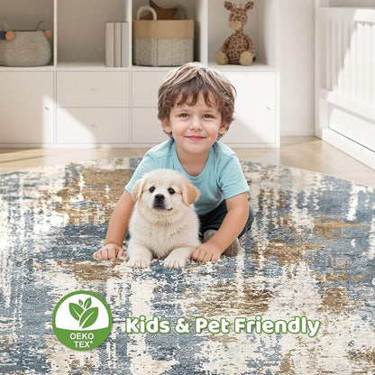 Round Rug Living Room Rugs: 8Ft Washable Circle Large Abstract Modern Soft Stain Resistant Non Slip Indoor Floor Carpet for Bedroom Nursery Office Dining Room Dorm Home House Decor- Tan Blue