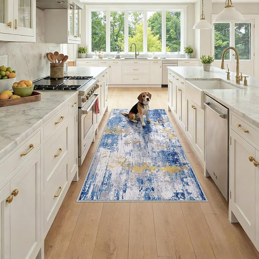 RELEANY Washable Area Rugs 3x6 Non-Slip Modern Abstract Soft for Living Room Entryway Bedroom Kitchen, Print Pattern, Grey Blue Gold/Golden