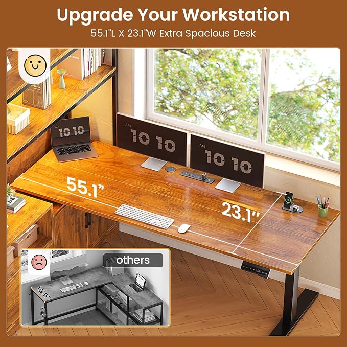 SEDETA 56.7" L Shaped Standing Desk, Reversible Computer Office Desk with Drawers & Hutch, Stand Up Corner Gaming Desks with LED Lights & Power Outlets for Home Office, Rustic Brown